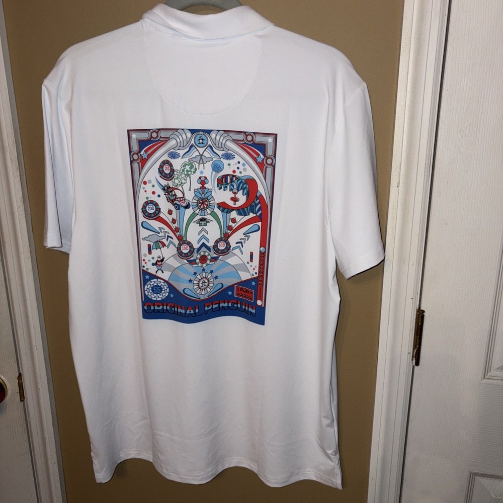 NWT $90 Original Penguin L Golf Polo Shirt Pinball Graphic SS Bright White Logo